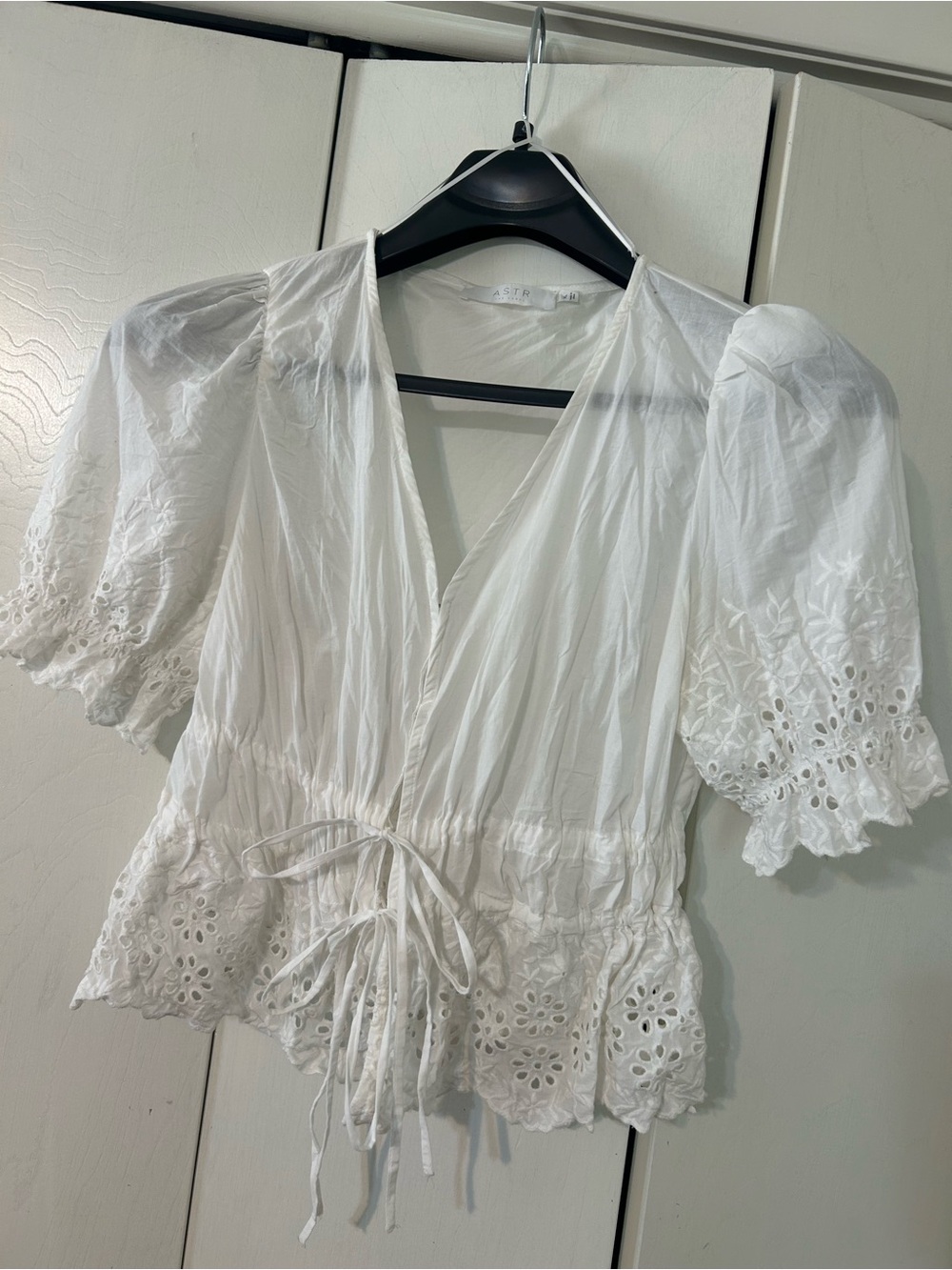 Astr White Eyelet Peplum Tie-Waist Blouse